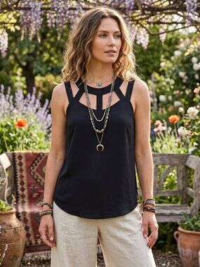 Diana Belle L Black Cutout Top Sleeveless 90s Y2K Neo Minimalist Deco Cage Goth
